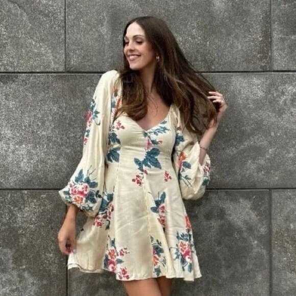 Free People Francesca Mini Dress Ivory Floral Long Sleeve V-Neck Size XSmall - Picture 3 of 9